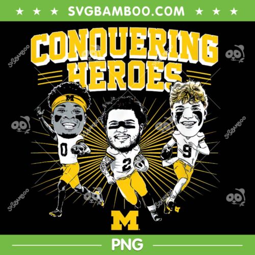Michigan Football JJ McCarthy Blake Corum And Mikey Sainristil PNG, Michigan Conquering Heroes PNG, Michigan Sports PNG