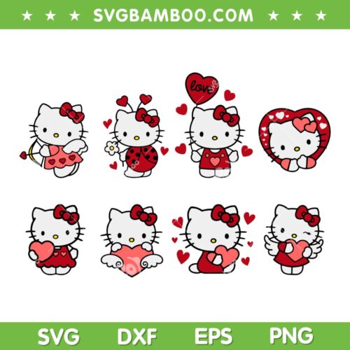 Valentine's Day Hello Kitty SVG Bundle, Kiity Happy Valentine's Day SVG Bundle, Valentine Kawaii Kitty DXF SVG PNG EPS