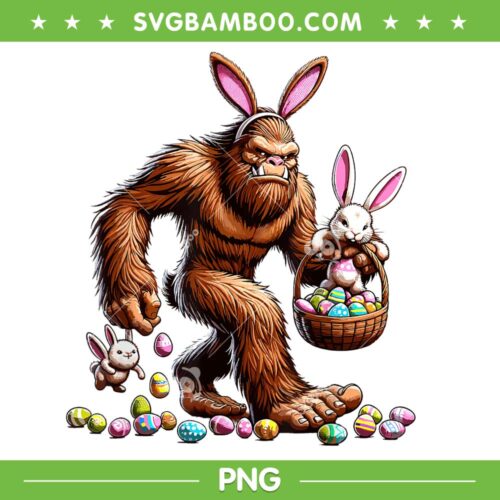 Easter Bigfoot With Bunny Egg Basket PNG, Bigfoot Egg Hunting PNG, Easter Sasquatch Bunny PNG