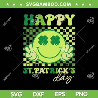 Happy St Patricks Day SVG PNG, Groovy Smiley Face Shamrock SVG, Clover Smiley DXF SVG PNG EPS