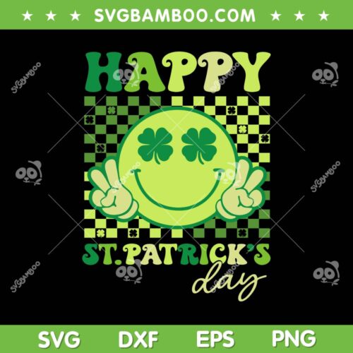 Happy St Patricks Day SVG PNG, Groovy Smiley Face Shamrock SVG, Clover Smiley DXF SVG PNG EPS