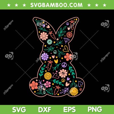 Hippie Flower Bunny Easter SVG PNG, Retro Rabbit Flower SVG, Vintage Floral Bunnies DXF SVG PNG EPS