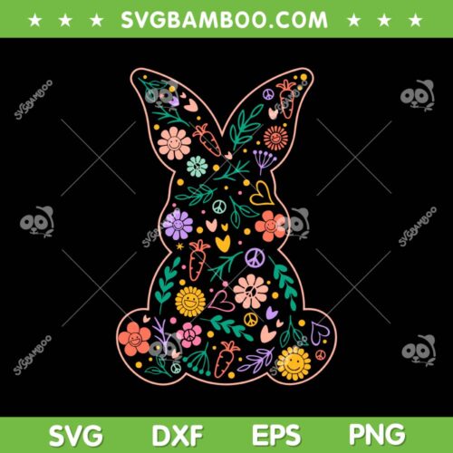 Hippie Flower Bunny Easter SVG PNG, Retro Rabbit Flower SVG, Vintage Floral Bunnies DXF SVG PNG EPS