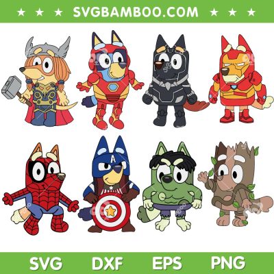 Bluey Avengers SVG Bundle, Super Hello Blue Dog SVG Bundle, Bluey Captain America DXF SVG PNG EPS