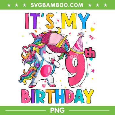 It's My 9th Birthday Girl PNG, Unicorn Birthday 9 Year Old PNG, Girl 9th Birthday PNG