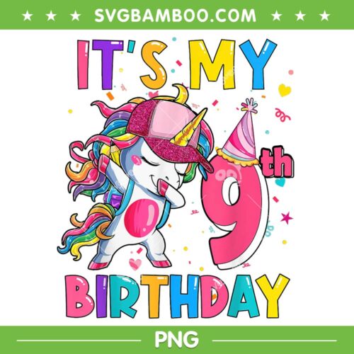 It's My 9th Birthday Girl PNG, Unicorn Birthday 9 Year Old PNG, Girl 9th Birthday PNG