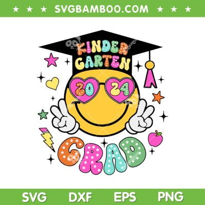 Groovy Kindergarten Graduate SVG PNG, Happy Face Graduation 2024 SVG, Smiley Face School DXF SVG PNG EPS