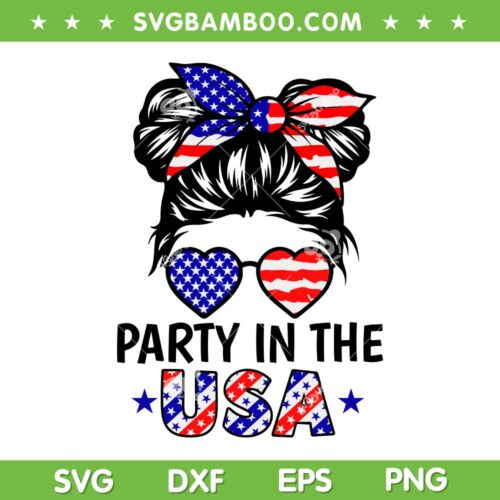 Messy Bun Party In USA SVG PNG, American Flag 4th July SVG, Patriotic Kids DXF SVG PNG EPS