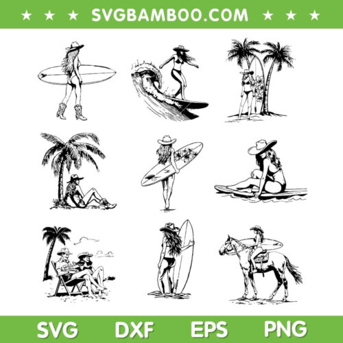 Western Coastal Cowgirl SVG Bundle, Cowgirl Surfing Waves SVG Bundle, Beach Summer Bachelorette DXF SVG PNG EPS