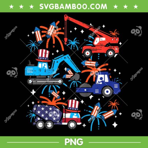 Kids 4th July Construction Trucks PNG, Construction Truck With Fireworks PNG