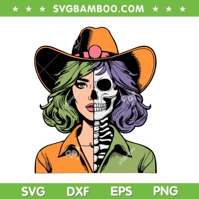Cowgirl Skeleton Halloween SVG PNG, Western Girl Skeleton Pumpkin SVG, Cowgirl Two Face SVG