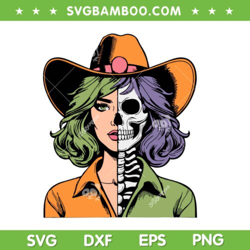Cowgirl Skeleton Halloween SVG PNG, Western Girl Skeleton Pumpkin SVG, Cowgirl Two Face SVG