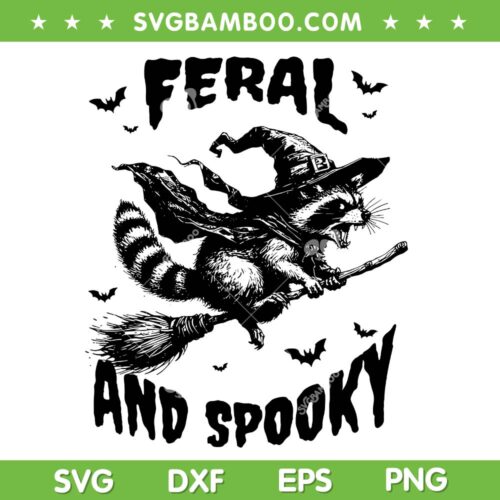 Feral and Spooky SVG, Funny Raccoon Witch Broom SVG, Raccoons Opossums Halloween Witches DXF SVG PNG EPS