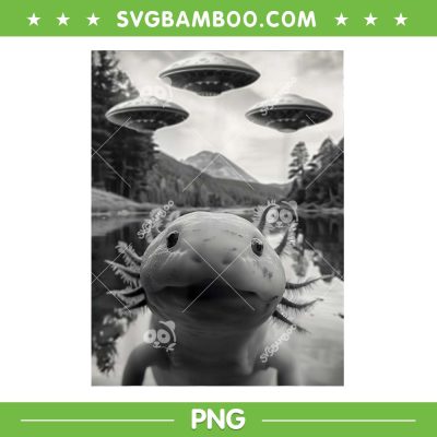 Funny Axolotl Selfie with UFOs PNG, Axolotl Alien PNG, Weird Axolotls Amphibian PNG