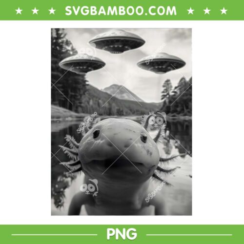 Funny Axolotl Selfie with UFOs PNG, Axolotl Alien PNG, Weird Axolotls Amphibian PNG