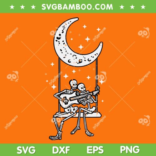 Funny Skeleton Swing Moon SVG, Halloween Skeleton Couple Guitar SVG, Skeleton Love in the Moon DXF SVG PNG EPS