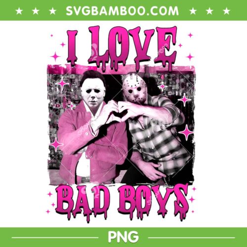 Michael Myers Jason Voorhees Heart Hand PNG, I Love Bad Boys PNG, Pink Horror Movie Characters PNG