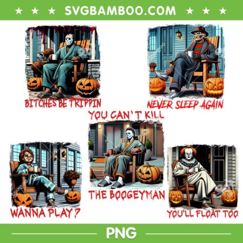 Waiting for Halloween Like PNG Bundle, Horror Characters Drink Coffee PNG Bundle, Myers Jason Freddy Chucky Friends PNG