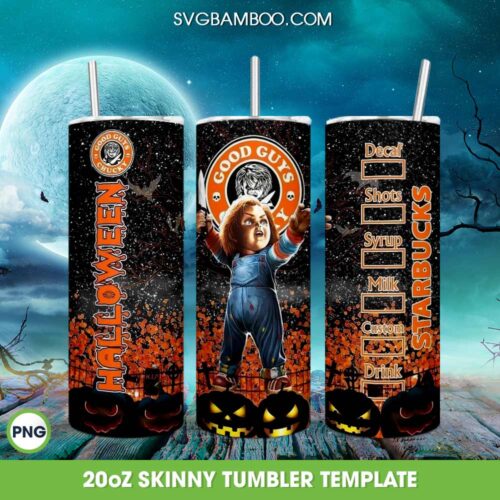 Chucky Starbucks Coffee Tumbler Wrap Tumbler PNG, Good Guys Chucky Starbucks 20oz Skinny Tumbler Template PNG