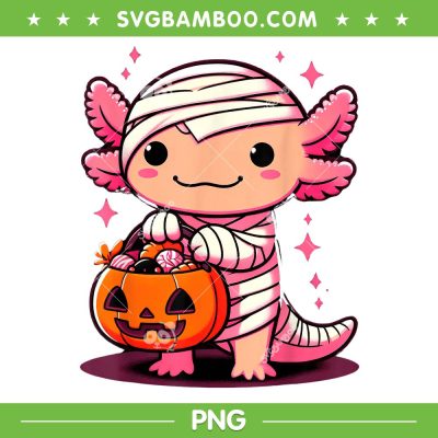 Axolotl Halloween Costume PNG, Cute Axolotl Mummy Pumpkin PNG