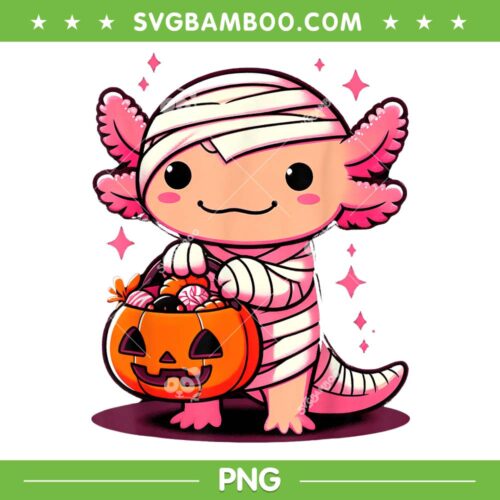 Axolotl Halloween Costume PNG, Cute Axolotl Mummy Pumpkin PNG