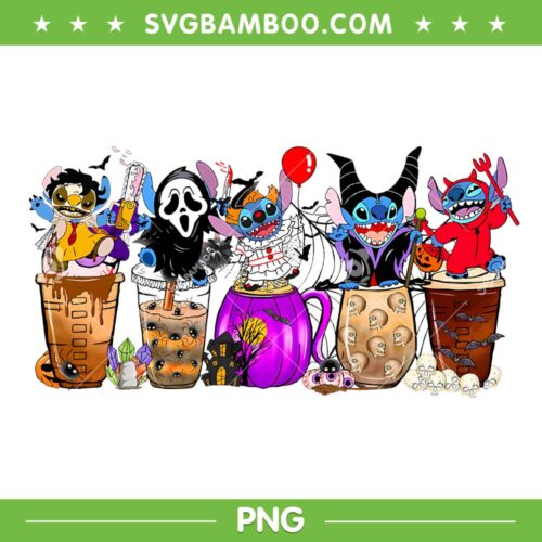 Stitch Horror Characters Coffee PNG, Disney Stitch Halloween Horror Friends Fall Coffee PNG