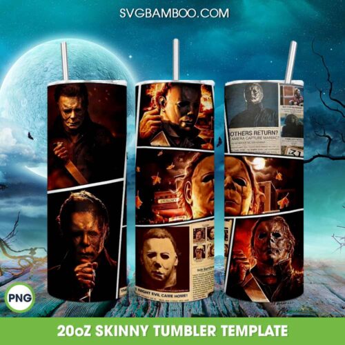 Michael Myers Newspaper Tumbler Wrap PNG, Halloween Horror Movie Myers 20oz Tumbler Template PNG