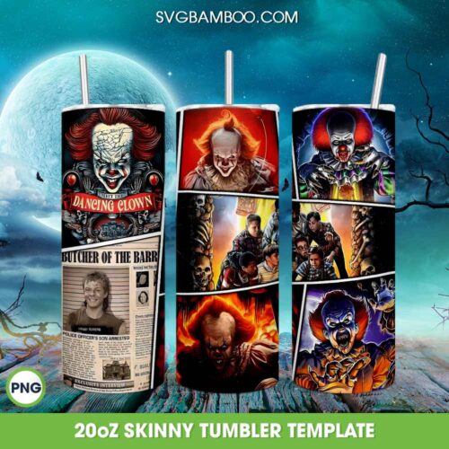 Pennywise Screen Tumbler Wrap Template PNG, Funny Horror Movie IT Clown 20oz Skinny Tumbler Template PNG