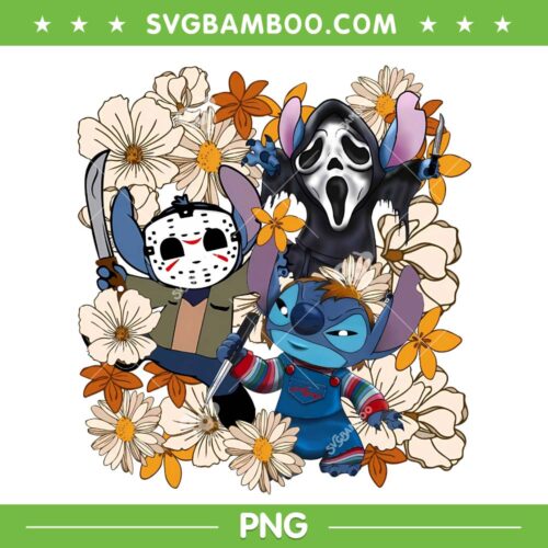 Stitch Horror Characters Groovy PNG, Retro Stitch Ghostface Jason Myers PNG, Disney Stitch Lilo With Flowers Halloween PNG