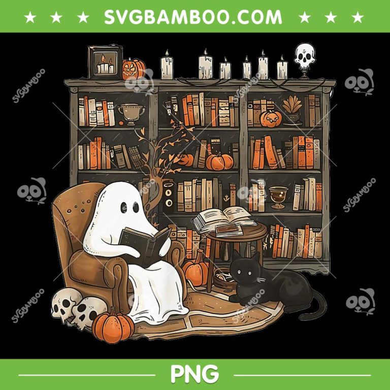 Retro Ghost Reading Books PNG, Cute Librarian Ghost