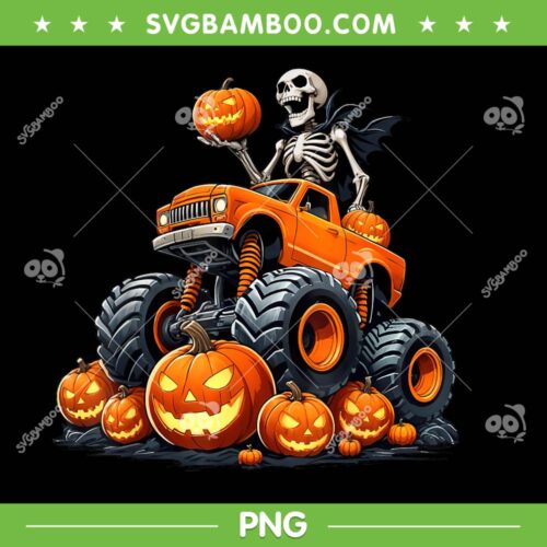 Skeleton Riding Monster Truck PNG, Kids Skull Skeleton Halloween Pumpkin PNG