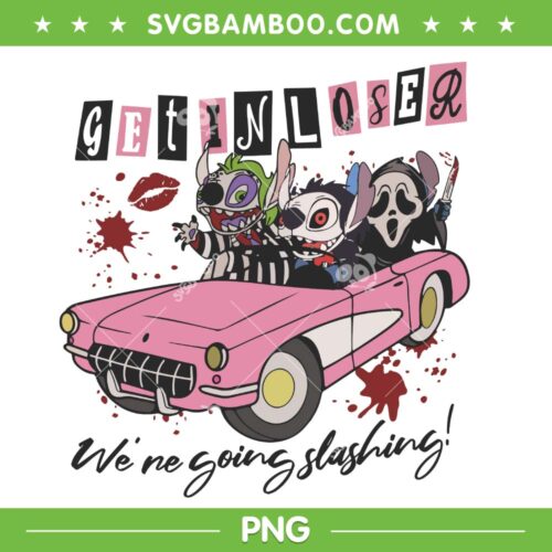 Stitch Get In Loser We Are Going Slashing PNG, Funny Stitch Horror Characters in Car PNG, Disney Stitch Scary Movie PNG