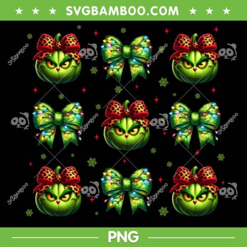 Funny Grinch Pumpkin Coquette Bow PNG, Grinch Head Leopard PNG, Grinch Face Bow PNG