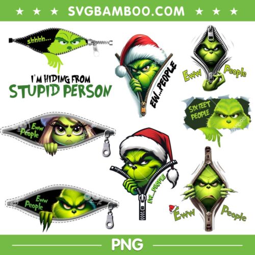 Grinch Ew People Bundle PNG, Christmas Grinch Zipper PNG, Funny Grinch Santa Hat PNG