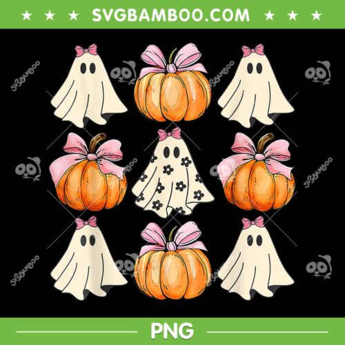 Ghost Pumpkin Ribbon Coquette Bow PNG, Pumpkin Spooky Season Halloween PNG
