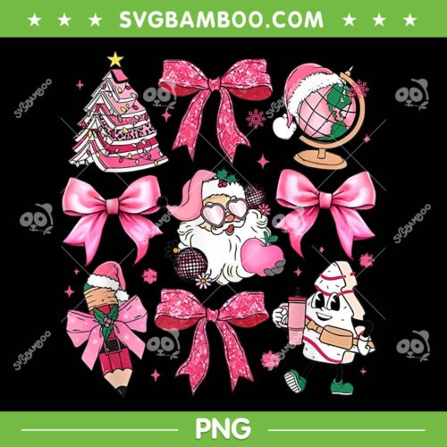 Santa Teacher Christmas Coquette Bow PNG, Women Pink Pencil Santa Teacher PNG