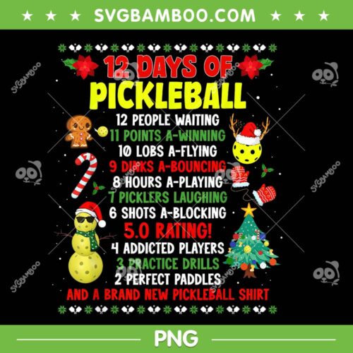 Christmas Pickleball PNG, 12 Days of Pickleball PNG, Funny Christmas Players Holiday Season PNG