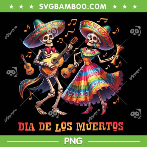 Dia De Los Muertos Dancing Skeletons PNG, Couple Skeleton Playing Guitar Day Of The Dead PNG