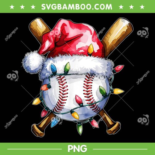 Christmas Baseball Player PNG, Baseball Santa Hat Xmas Lights PNG