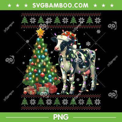 Cow Christmas Ugly Sweater PNG, Funny Moo Cow Santa Hat PNG, Cow Xmas Lights PNG
