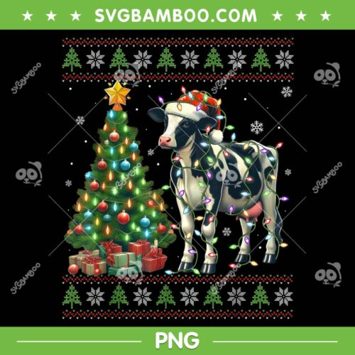 Cow Christmas Ugly Sweater PNG, Funny Moo Cow Santa Hat PNG, Cow Xmas Lights PNG