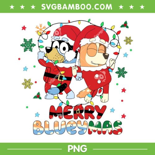Bluey Dancing Merry Blueymas PNG, Dad Mom Bluey Dance Xmas Lights PNG