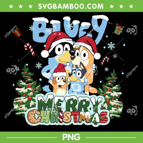Bluey Family Merry Christmas PNG, Blue Dog Santa Christmas Tree PNG