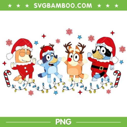 Bluey Family Dace Christmas PNG, Bluey Santa Hat Xmas Lights PNG