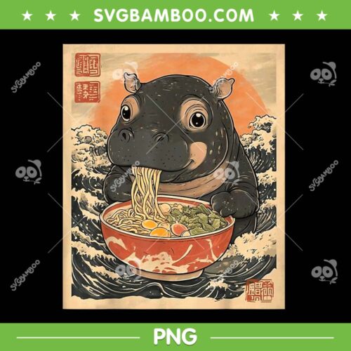 Moo Deng Eat Ramen PNG, Hippo Moo Deng Japanese Style PNG