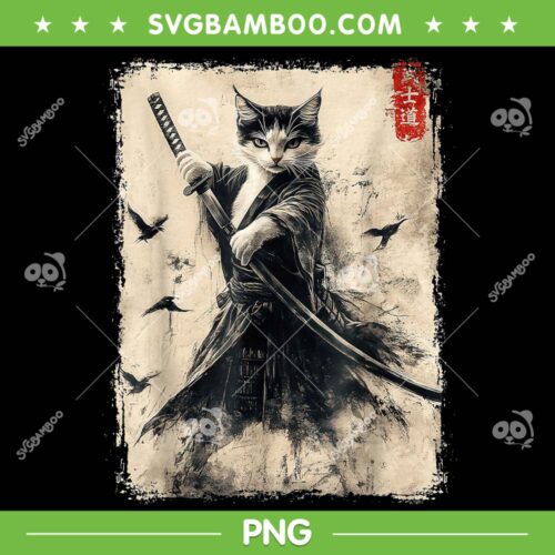 Samurai Cat PNG, Warrior Japanese Cat Artwork PNG