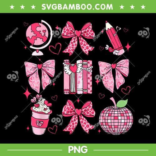 Coquette Bow Teacher Valentine's Day PNG, Bow Ribbons Apple Book PNG