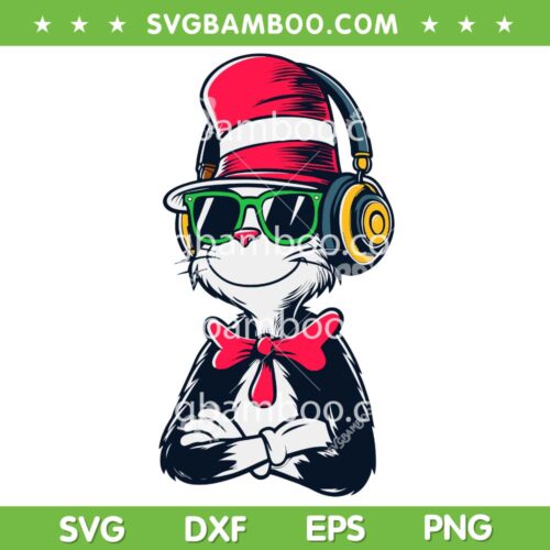 Cat in The Hat Sunglasses Earphone SVG, Funny Dr Seuss Cat in The Hat Gamer SVG PNG