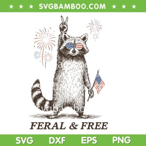 Feral and Free SVG, Funny Raccoon 4th of July SVG PNG, Raccoon Sunglasses American Flag SVG