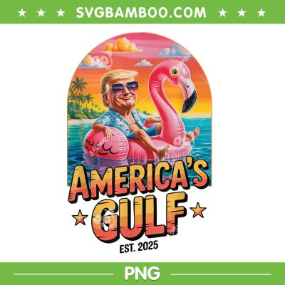 Trump America's Gulf Est 2025 PNG, Funny Trump Summer Beach PNG, Trump Flamingo PNG